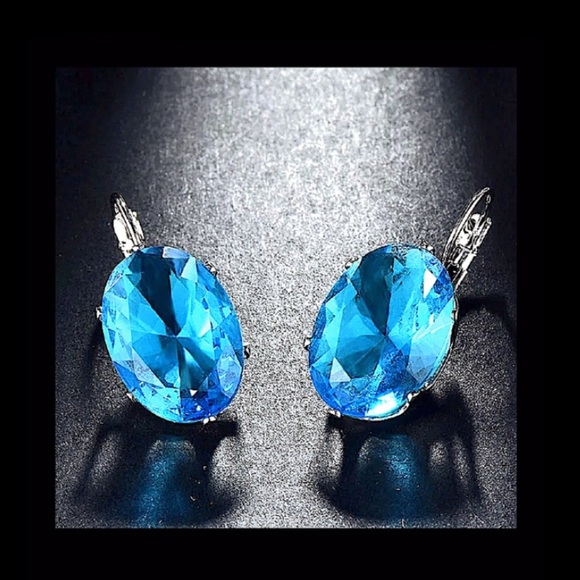 Aquamarine Zircon Oval Shaped White Gold Plated Earrings - Picture 4 of 5